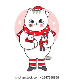 Hand draw cartoon cute Merry Christmas, Cat and snowman and santa claus dolls vector.