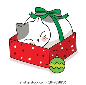 Hand draw cartoon cute Merry Christmas, Cat sleeping in gift box vector.