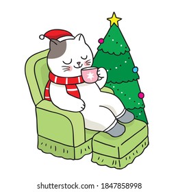 Hand draw cartoon cute Merry Christmas, Cat sitting on sofa 
 and drink coffee vector.