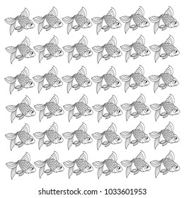 Hand draw cartoon cute, nice vector black and white fish pattern in doodle style illustration isolated on white background coloring