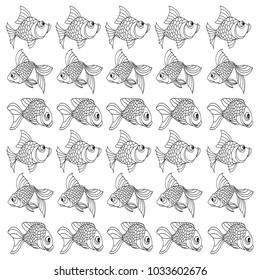 Hand draw cartoon cute, nice vector black and white fish pattern in doodle style illustration isolated on white background coloring