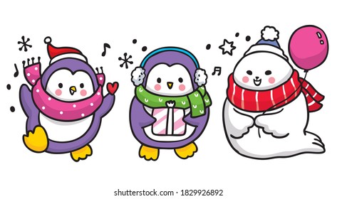 Hand draw cartoon cute penguins and seal Happiness vector.