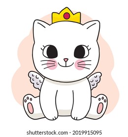 Hand draw cartoon cute sweet white cat wearing crown vector.