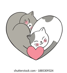 Hand draw cartoon cute Valentine day, Couple cats and heart vector.