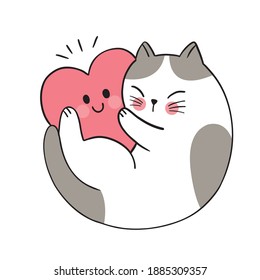 Hand draw cartoon cute Valentine day, Cat hugging big heart vector.