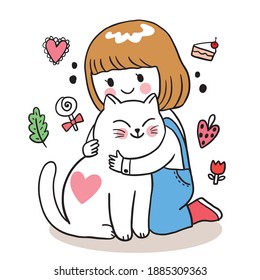 Hand draw cartoon cute Valentine day, Girl hugging cat vector.