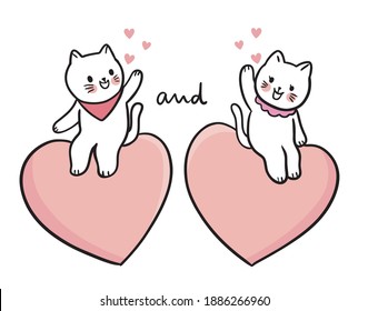 Hand draw cartoon cute Valentine day, Cats sit on the big heart vector.