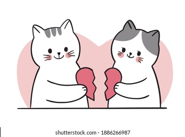 Hand draw cartoon cute valentine day  Cats   half heart vector 