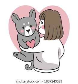 Hand draw cartoon cute Valentine day, Woman hugging dog vector.