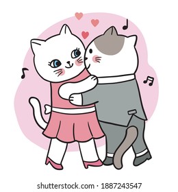 Hand draw cartoon cute Valentine day, Couple cats dancing vector.