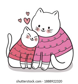 Hand draw cartoon cute Valentine day, Mom and baby cat hugging vector.