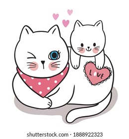 Hand draw cartoon cute Valentine day, Mom and baby cat and heart vector.