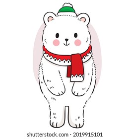 Dibujo manual del lindo oso polar blanco vestido con bufanda roja en vector de invierno.