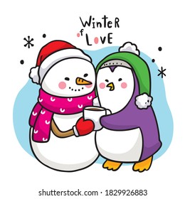 Dibujo a mano dibujos animados adorables muñecos de nieve de invierno abrazan el pingüino y el vector de café de taza.