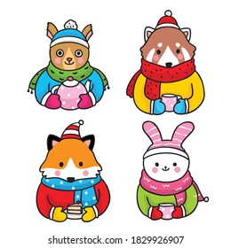 Hand draw cartoon cute winter wildlife animals and tea time vector.