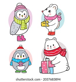 Dibujar a mano dibujos animados lindo animal de invierno y vector presente.