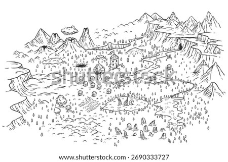 Hand draw cartoon fantasy map landscape with mountains, forest, volcano, village,  castle, water in doodle line style. Isometric vector illustration for medieval adventure game.