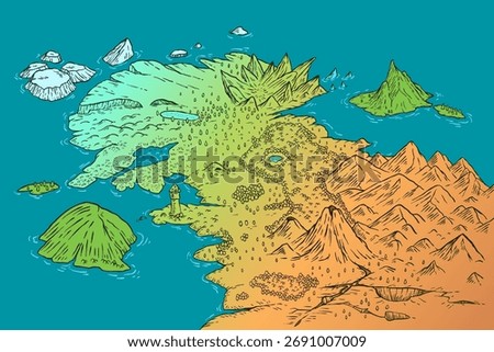Hand draw cartoon fantasy map landscape with mountains, forest, volcano, village, castle, water in doodle color style. Isometric vector illustration for medieval adventure game.
