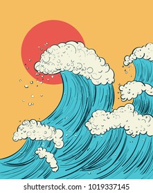 Hand draw a cartoon illustration of the wave in Japanese style. Vector digital drawing