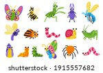 Hand draw cartoon insects illustration. Cute bugs. Snail, locust, spider, colorado potato beetle, butterfly , stag-beetle, mantis, slug, dragonfly for children vector illustration Cute colorful doodle
