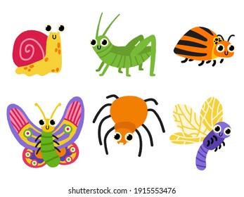 手描きの虫のイラスト かわいい虫 カタツムリ イナゴ クモ コロラド芋虫 蝶 子ども用のベクターイラスト おかしな庭の動物 かわいい カラフルな落書き のベクター画像素材 ロイヤリティフリー