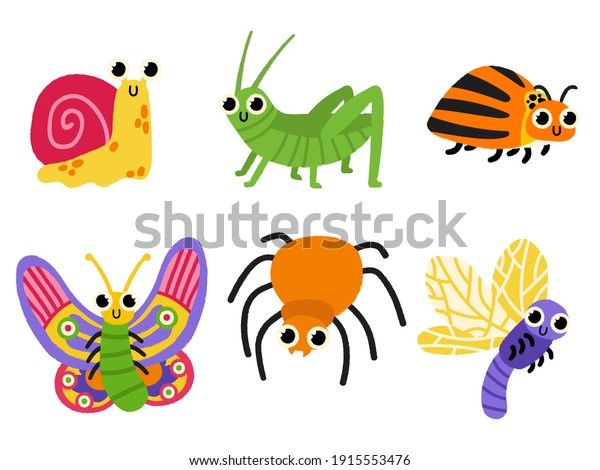 手描きの虫のイラスト かわいい虫 カタツムリ イナゴ クモ コロラド芋虫 蝶 子ども用のベクターイラスト おかしな庭の動物 かわいい カラフルな落書き のベクター画像素材 ロイヤリティフリー