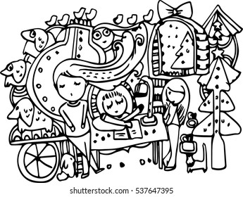 hand draw of cartoon people in line art design for cartoon book