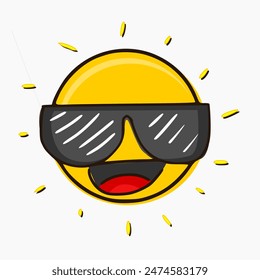 hand draw cartoon of sun with happy expression and wear glasses isolated on white backrgound