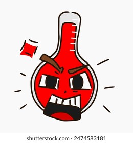 hand draw cartoon of thermometer with angry expression isolated on white backrgound