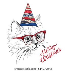 Hand draw cat in a celebratory cap. Merry Christmas card design. Vector illustration