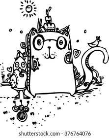 hand draw of cat and chicken design for card