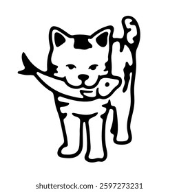 hand draw cat eat fish on white background