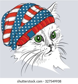 Hand draw cat in a hat. Vector illustration