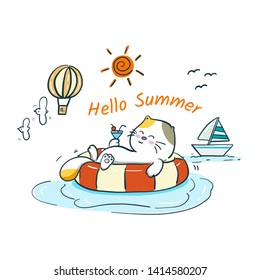 hand draw cat relax in the summer