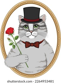 Hand Draw Cat with rose in vintage frame. For logo, symbol and fashion print.