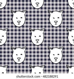 hand draw cat seamless pattern. doodle cartoon cat background. funny tartan doodle wallpaper