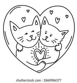 Hand draw cats in love. Cute cat and lady-cat hug each other and hold a heart in their paws. Valentine's Day. Doodling cats in the heart shape. Black outlines isolated on a white background. Vector.