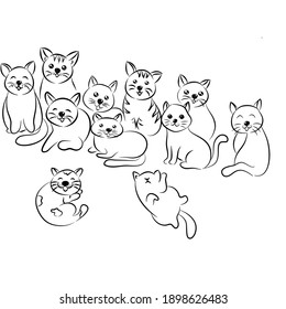 Hand draw cats, simple design. Set of cute doodle on white background.