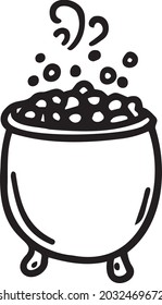 Hand Draw Cauldron With A Potion. Simple Icon Isolated On White Background. Halloween Doodle