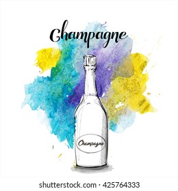 Hand draw of Champagne bottle. Vector illustration.