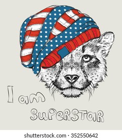 Hand draw cheetah in a USA hat. Vector illustration