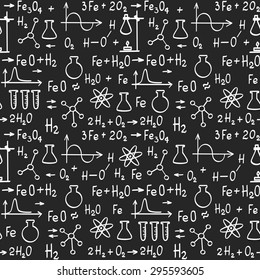 Hand draw chemistry on black background. Vector seamless pattern. 