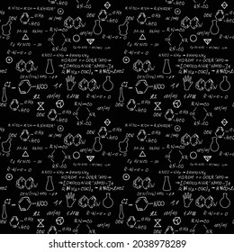 Hand draw chemistry pattern on black background. Back to School seamless pattern. Science lab subject. Education notes in exercise book page. Chemical study paper. Endless illustration. Vector.