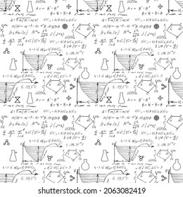 Hand draw chemistry pattern on white background. Back to School seamless pattern. Science lab subject. Education notes in exercise book page. Chemical study paper. Endless illustration. Vector.