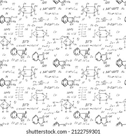 Hand draw chemistry pattern on white background. Back to School seamless pattern. Science lab subject. Education notes in exercise book page. Chemical study paper. Endless illustration. Vector.