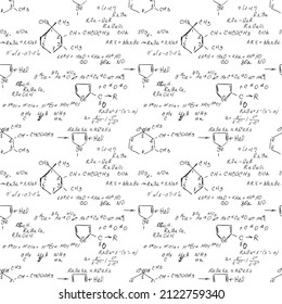 Hand draw chemistry pattern on white background. Back to School seamless pattern. Science lab subject. Education notes in exercise book page. Chemical study paper. Endless illustration. Vector.