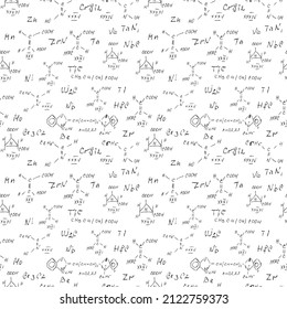 Hand draw chemistry pattern on white background. Back to School seamless pattern. Science lab subject. Education notes in exercise book page. Chemical study paper. Endless illustration. Vector.