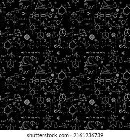 Hand draw chemistry pattern on black background. Back to School seamless pattern. Science lab subject. Education notes in exercise book page. Chemical study paper. Endless illustration. Vector.