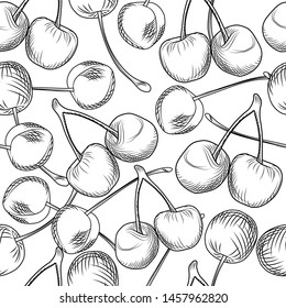 Hand draw cherries seamless pattern on a white background. Engraving style. Vector illustration.