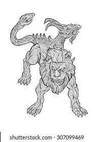 Hand draw of chimera in zentangle style